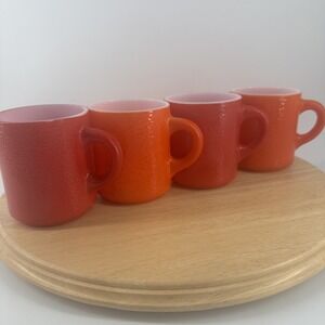 Mugs Set of 4 Hazel Atlas Red & Orange Pebble Texture Orange Peel Milk Glass VTG